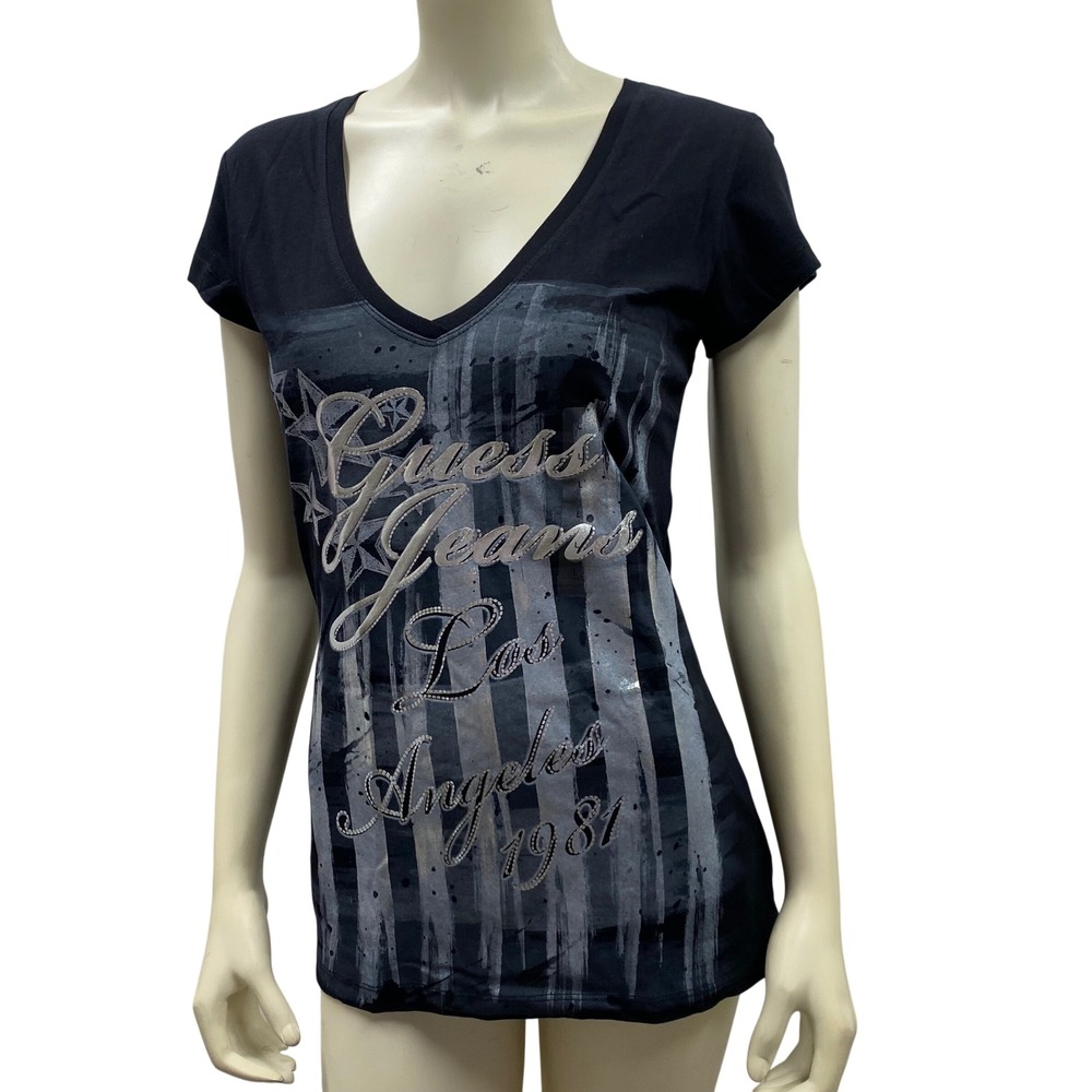 Guess Jeans Los Angeles 1981 Graphic V-Neck Tee Black Silver Rhinestone‎ L NWT
